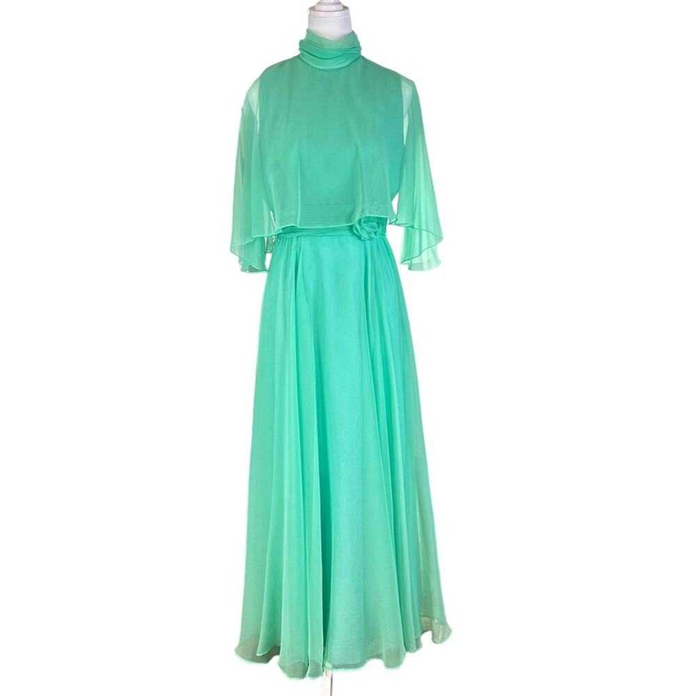 VTG 70s Bridesmaid Prom Party Dress Chiffon Green Miss Elliette California 6/8